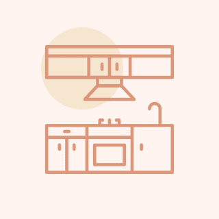 Minimalist kitchen illustration with cabinets and stove.