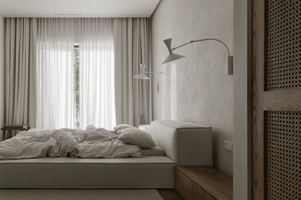 Minimalist bedroom with a low bed and soft natural light.