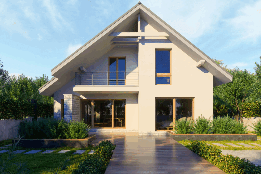 Modern two-story house with large windows and a sloped roof.