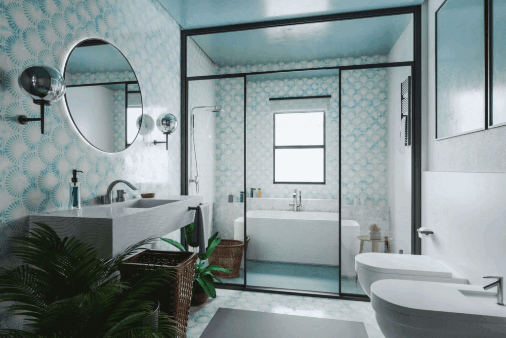 Modern bathroom with glass shower enclosure and greenery.